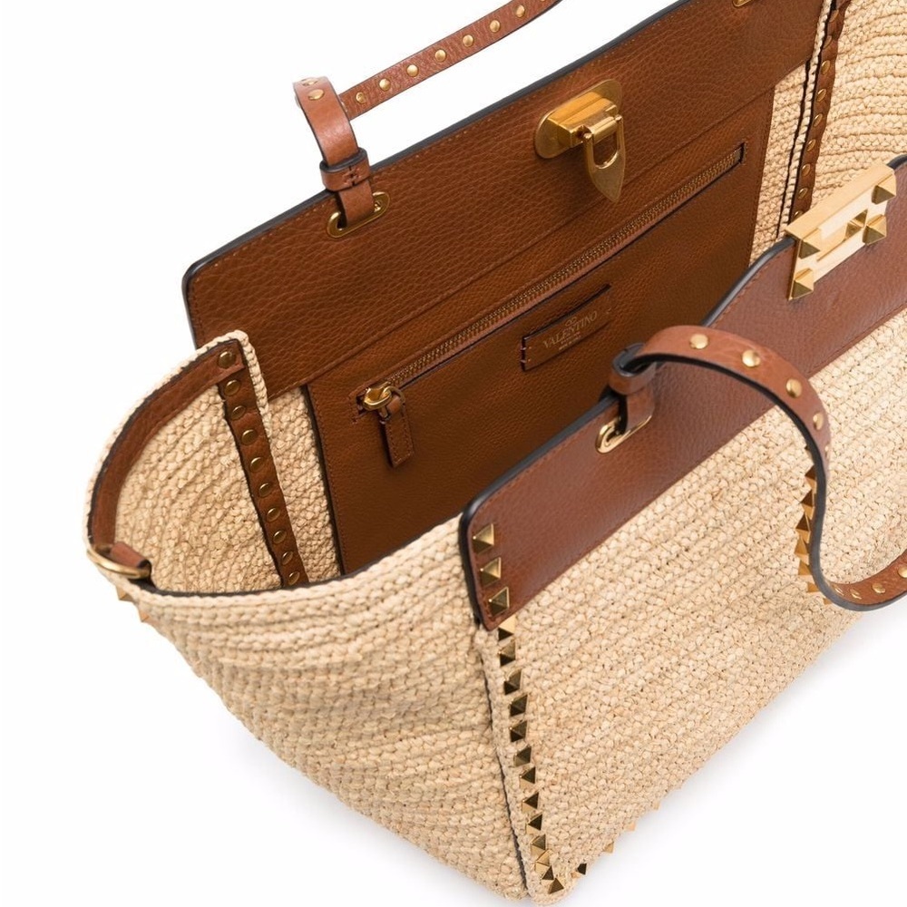 Valentino Tan and Brown Studded Women's Raffia Bag